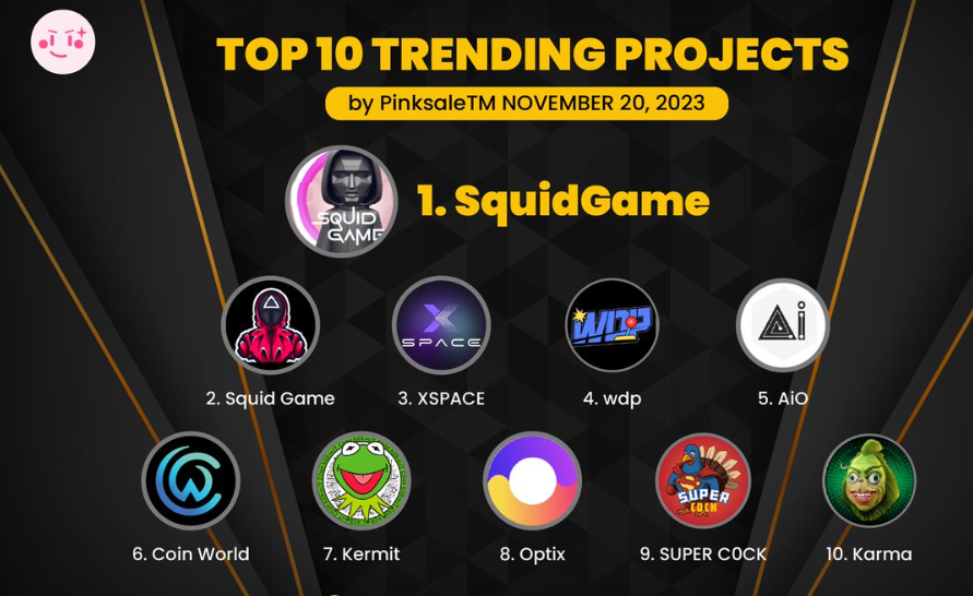 🏆 TOP 10 TRENDING PROJECTS 
🥇 $SQUID - @SquidGame_xyz
🥈 $SQUID - <a href="/Squid2Dev/">Squid Game</a>

🥉 $XSP - @Crypto_xspace

4⃣ $WDP - <a href="/WDPAIGAMING/">WDP AI GAMING</a>

5⃣ $AIO - <a href="/aiforce2077/">Force AI</a>

6⃣ $WORLD - <a href="/CoinWorld__/">Coin World</a>

7⃣ $KERMIT - <a href="/kermitcoin_BSC/">Kermit</a>

8⃣ $OPTIX - <a href="/OptixToken/">Optix</a>

9⃣ $C0CK - @SuperC0CK_Ofc

🔟 $KARMA -