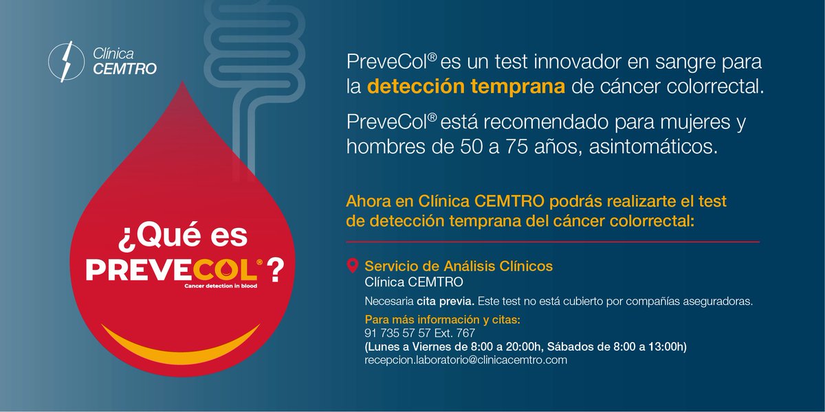 ClinicaCEMTRO's tweet photo. 🏥En #ClínicaCEMTRO hemos incorporado a nuestro Servicio de 🧪Análisis Clínicos el 💉Test #Prevecol de @AmadixDX para la detección temprana en 🩸sangre del cáncer #colorrectal
💻Más información sobre este test⬇️
https://t.co/hZnwPmaRjz https://t.co/v5MZwRsiB2