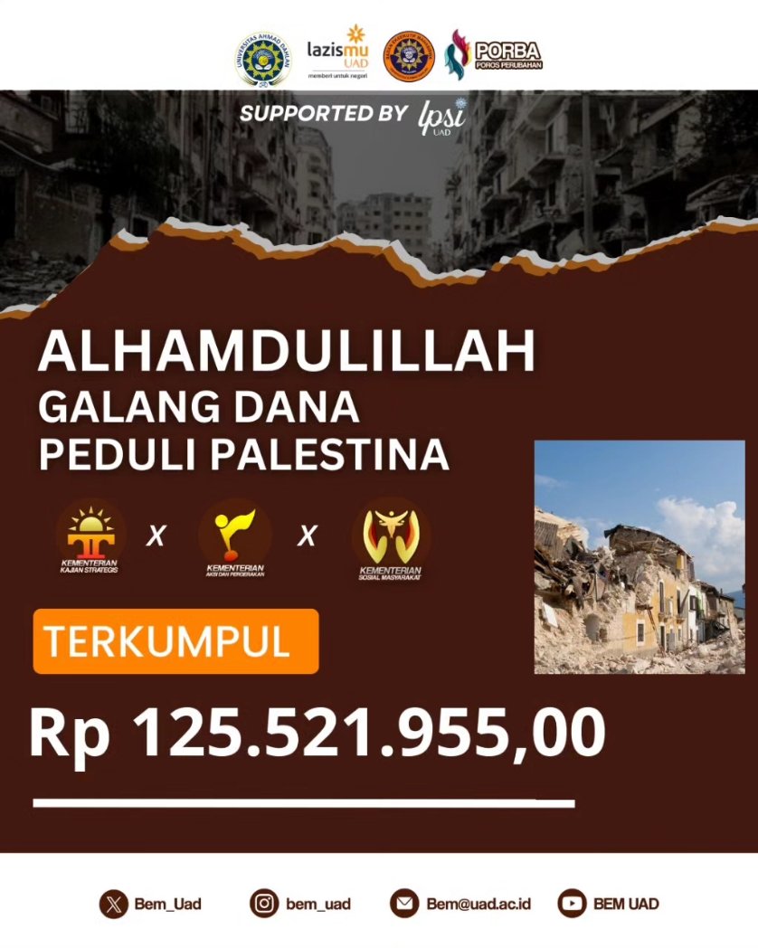 [PRESS RELEASE GALANG DANA] 

Penyerahan hasil galang dana yang dilaksanakan pada tanggal 25 Oktober dan 2 November 2023.
- - - - - - - - - - - - - - 
 
bergerak bersama, kolektif memberi makna, kolaborasi dalam setiap perubahan. 

#PorosPerubahan #WeAreUad #BEMUAD