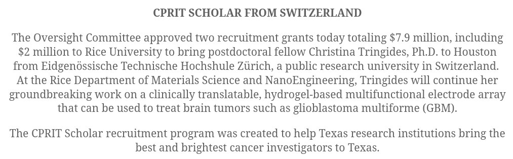[please share/retweet!] Very happy to announce that I will be starting at @RiceEngineering as a @CPRITTexas scholar ! I will be hiring 2-3 PhD students, so please encourage your talented undergraduates interested in materials, biotechnology, and cancer neuroscience to apply!
