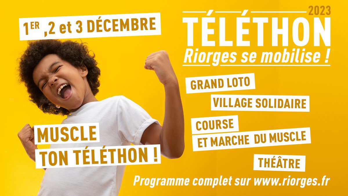 🟡Le week-end du Téléthon revient du 1er au 3 décembre 2023 à Riorges !
Le grand loto, le village solidaire, la Course du muscle, une pièce de théâtre et les nombreuses activités proposées par les associations riorgeoises animeront le week-end.

➡️riorges.fr/actualites/154…
