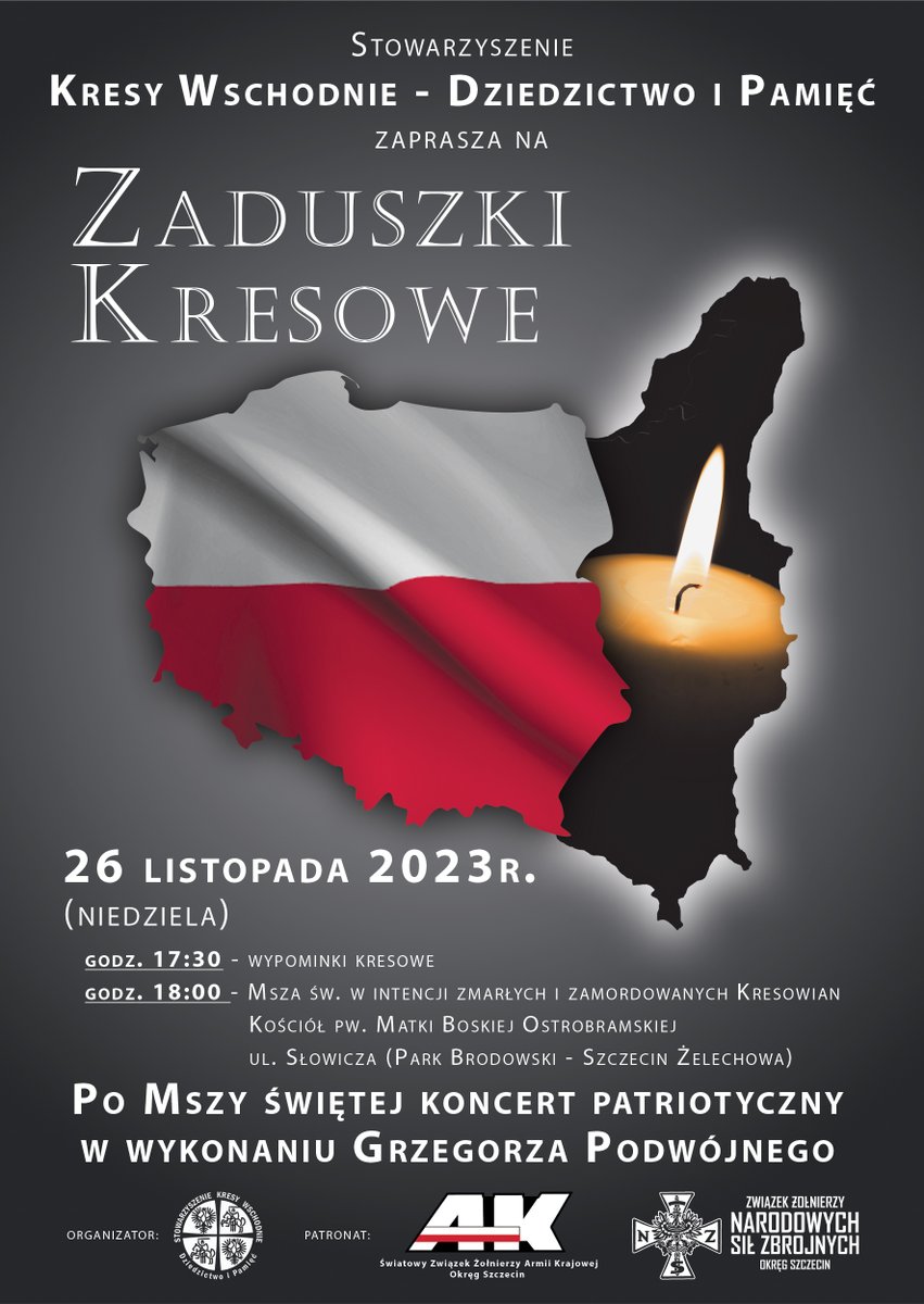 KresyWsch's tweet photo. ❗️ Stowarzyszenie Kresy Wschodnie-Dziedzictwo i Pamięć serdecznie zaprasza na Zaduszki Kresowe - 26 listopada 2023 r., kościół pw. Matki Boskiej Bolesnej w Szczecinie. W programie m. in. Msza św. w intencji zmarłych i zamordowanych Kresowian oraz koncert patriotyczny. Więcej 👇 https://t.co/44eGKrI3vg