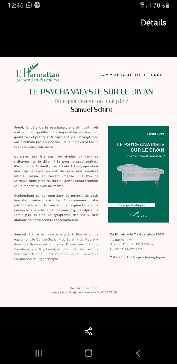 Les Éditions L’Harmattan ont le plaisir de vous annoncer que votre ouvrage Le psychanalyste sur le divan paraîtra le 07/12/23. #lharmattan #psychanalyse 

editions-harmattan.fr/livre-le_psych…