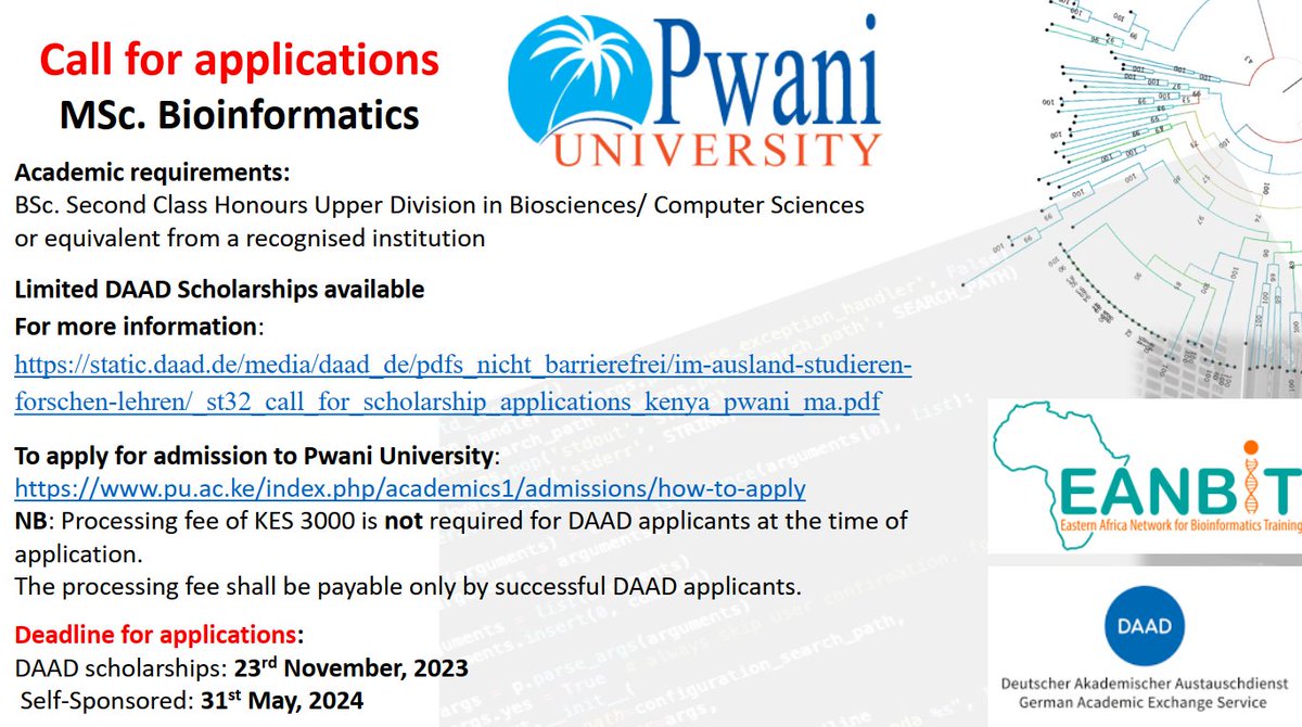 📢The call for #PwaniUniversity MSc #Bioinformatics September 2024 intake is out! We are happy to share with you details of the call, which can be found on the links below and attachment to this tweet. Apply and all the best! bit.ly/3MRGMuT bit.ly/3G8AIKx