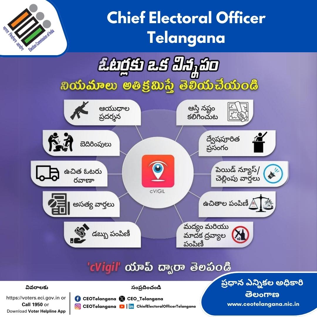 CEO_Telangana's tweet photo. ఓటర్లకు ఒక విన్నపం నియమాలు అతిక్రమిస్తే సీవిజిల్ అప్ ద్వారా తెలియచేయండి.
#ivoteforsure #VoteForSure #CEOTelangana #TelanganaElections2023 #ecispokesperson #ECISVEEP #ECI #sweep
@ECISVEEP @SpokespersonECI https://t.co/aYAjtfRDxR