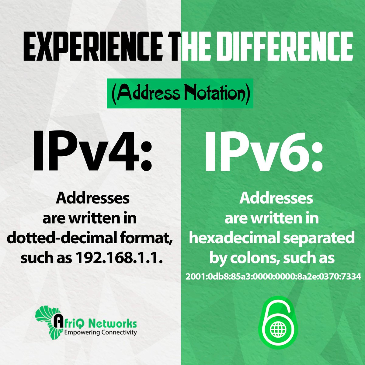 AfriQ_Wifi's tweet image. The evolution of addressing! Join AfriQ Networks, Kenya&apos;s leading network in IPv6 technology! Experience the future of connectivity! 🌐✨ 

#IPv4vsIPv6 #AfriQNetworks #KenyaIPv6Pioneer  #JoinTheFuture #TooMuchWiFi