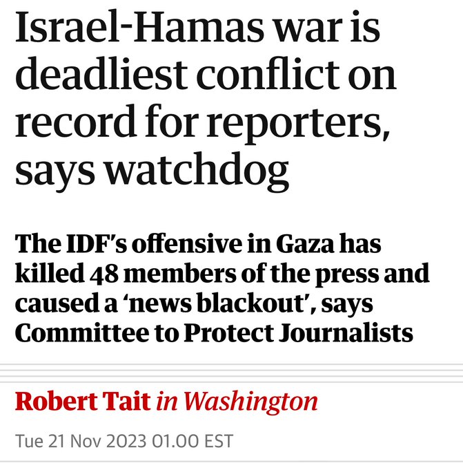 Israel-Hamas war is deadliest conflict on record for reporters, says watchdog
The IDF's offensive in Gaza has killed 48 members of the press and caused a 'news blackout', says Committee to Protect Journalists
Robert Tait in Washington
Tue 21 Nov 2023 01.00 EST