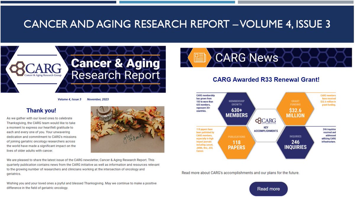 🚨📷Check out the latest issue of our #Cancer and #Aging Research Report! This issue features the latest updates from @myCARG including the CARG Awarded R33 Renewal Grant! We are grateful to the @NIHAging for recognizing the importance of CARG. Link: mycarg.org/?p=51380