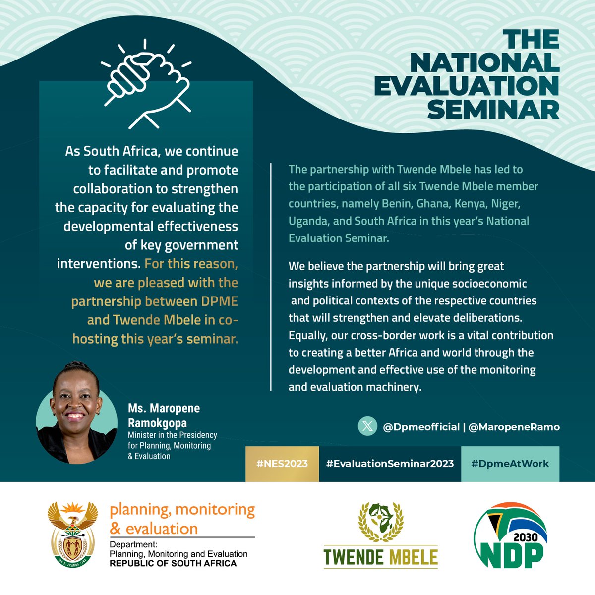 HIGHLIGHTS: Opening Address at the annual National Evaluation Seminar hosted by @DpmeOfficial and @TwendeMnE 

21 November 2023

#NES2023
#EvaluationSeminar2023
#DpmeAtWork