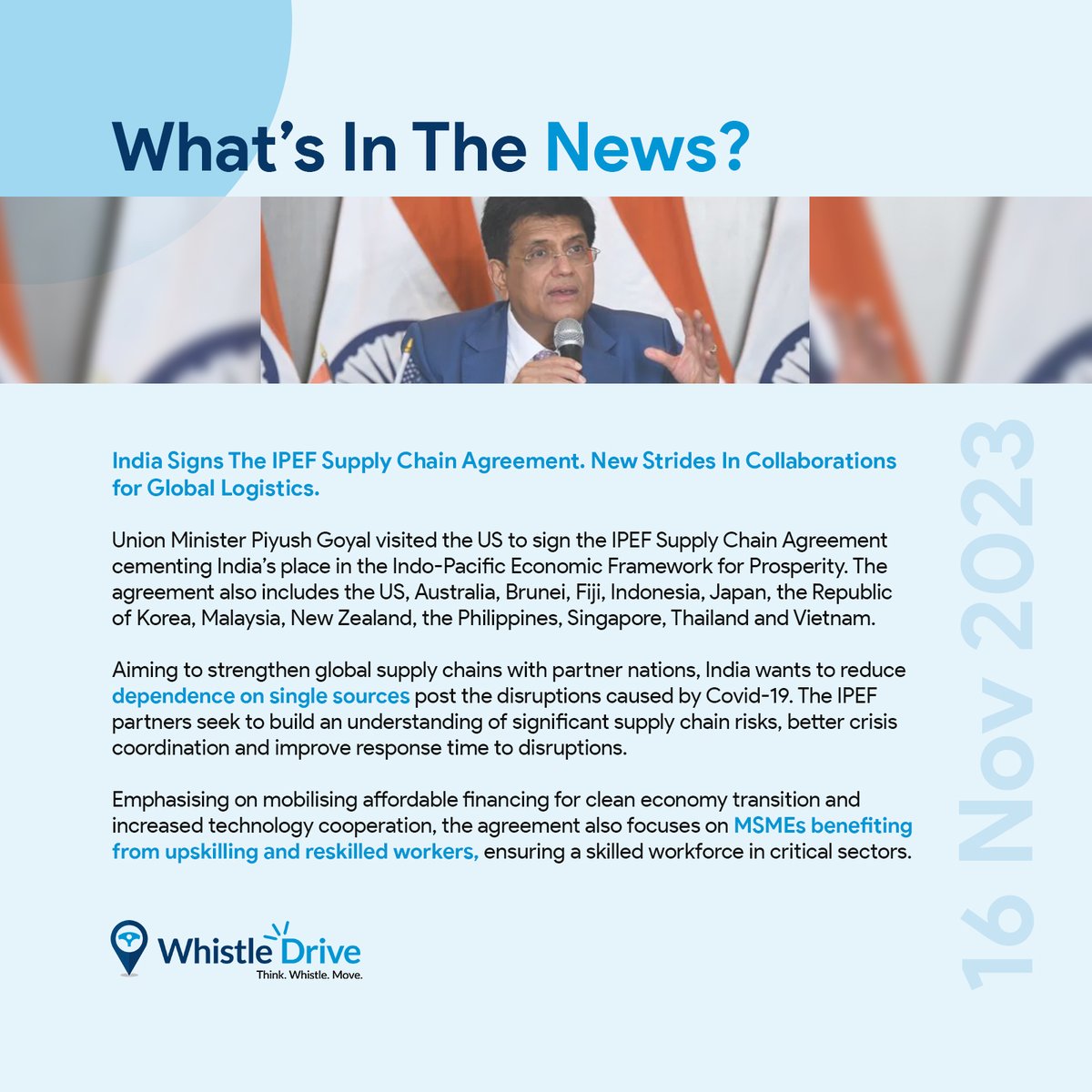 As India’s mission to become a dominant name in global logistics continues, a tentative step has been taken with the IPEF Supply Chain Agreement.

Read more on What's In The News!

#MoveWithWhistle #IPEF