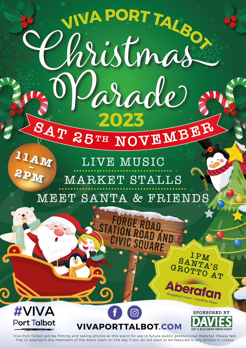 <a href="/VivaPortTalbot/">Viva Port Talbot</a>  Christmas Parade 2023 returns on Saturday 25th November!

Join in the festive fun from 11am to 2pm on Station Road, Forge Road, Civic Square, and Aberafan Shopping Centre!

🎅 MEET SANTA &amp; FRIENDS ☃️  LIVE MUSIC! 🎁 MARKET STALLS! 🦌 ACTIVITIES and more......