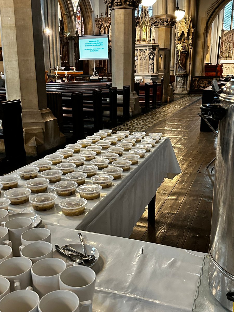 DialogueSociety's tweet photo. At the St. Vincent De Paul Roman Catholic Church, Liverpool Dialogue Society volunteers distributed 'aşure' during Interfaith Week. İpek, our volunteer, underscored the importance of diverse communities coming together. Symbolising the unity✨ #NoahsPudding #InterFaithWeek https://t.co/SlQ39IZXO7