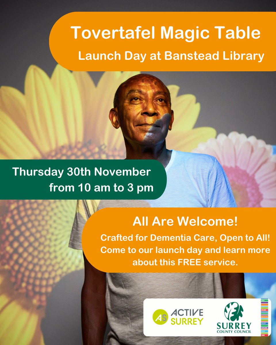 SupportSurrey's tweet image. Banstead Library are introducing their NEW Tovertafel #MagicTable on Thursday 30th November at 10am to 3pm✨

The Table is designed for people living with #Dementia.
@SurreyLibraries @ActiveSurrey 

Join them for their launch day and find out more about the free service👇