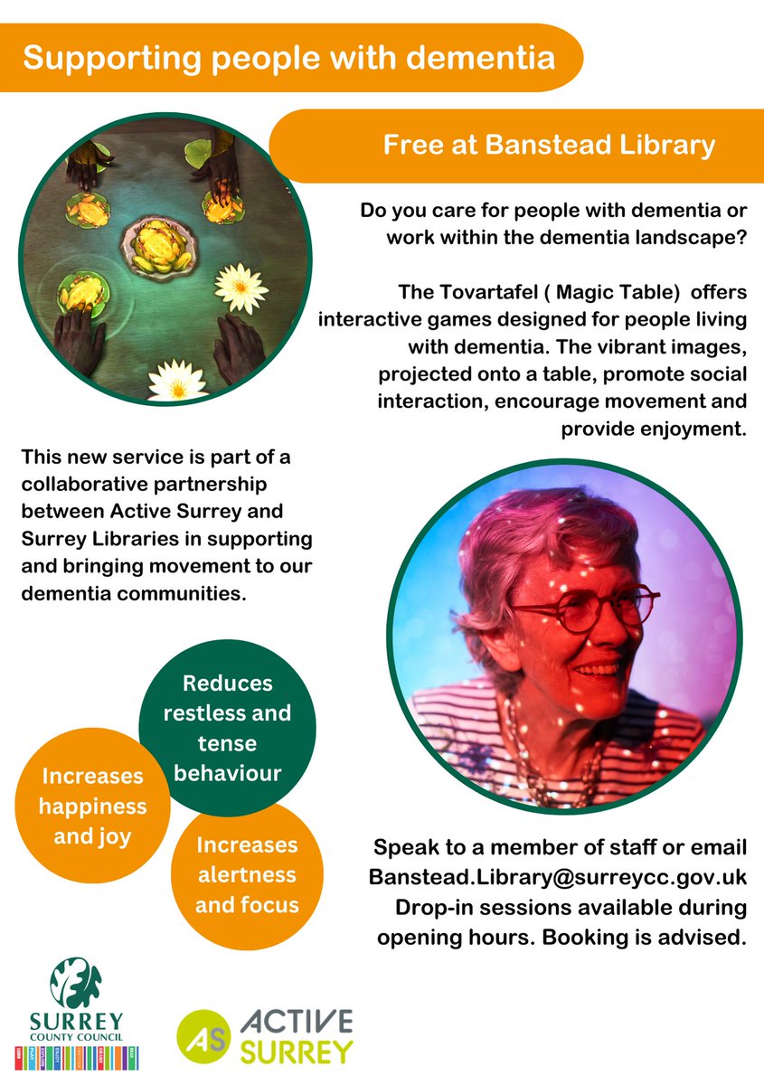 SupportSurrey's tweet image. Banstead Library are introducing their NEW Tovertafel #MagicTable on Thursday 30th November at 10am to 3pm✨

The Table is designed for people living with #Dementia.
@SurreyLibraries @ActiveSurrey 

Join them for their launch day and find out more about the free service👇