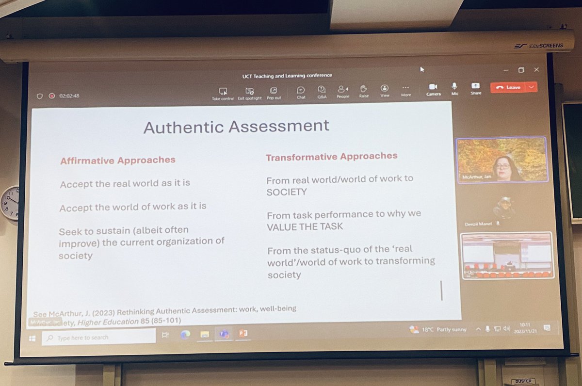 yolandiswa's tweet photo. #TLC2023 Keynote by @JanMcArthur on Holistic and authentic assessment - she argues that “Transformative assessment requires dismantling what exists not just building more on top”
@CILT_UCT @ched_uct https://t.co/r0bi1XnWW1