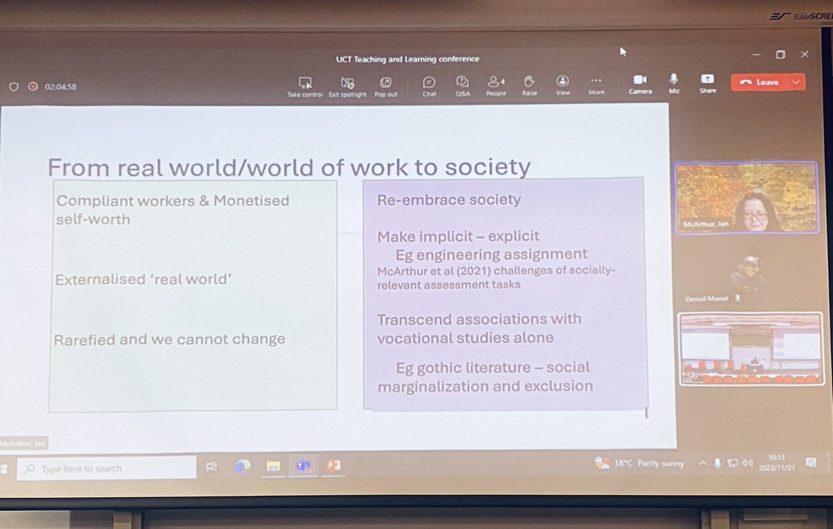 #TLC2023 Keynote by <a href="/JanMcArthur/">Jan McArthur 💙</a> on Holistic and authentic assessment - she argues that “Transformative assessment requires dismantling what exists not just building more on top”
<a href="/CILT_UCT/">CILT at UCT</a> <a href="/ched_uct/">Centre for Higher Education Development (CHED)</a>