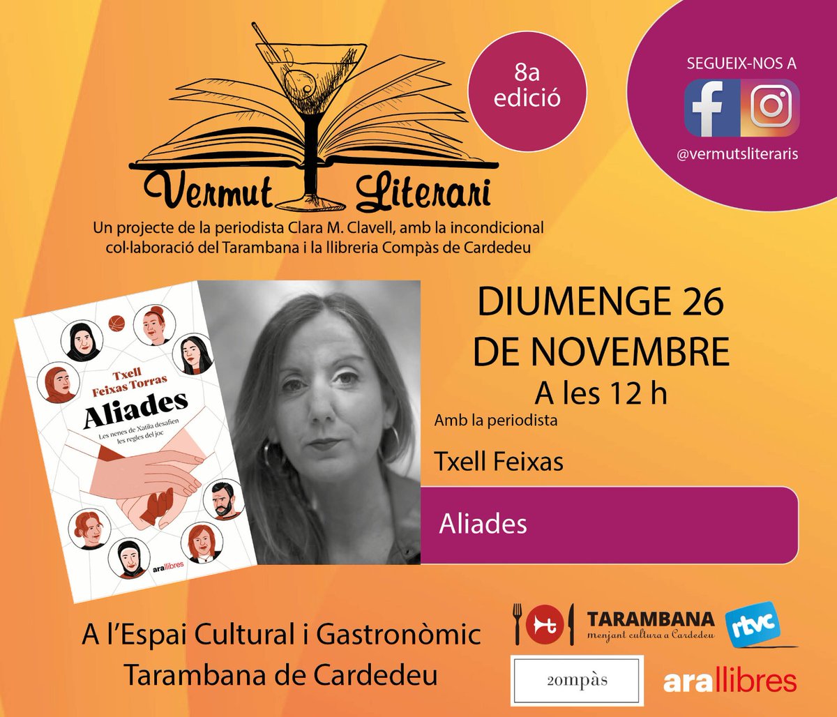 Ara sí! 😊Aquest diumenge #vermutliterari amb la <a href="/txellfeixas/">txell feixas torras</a> per parlar del llibre #Aliades i les històries de les dones poderoses de Xatila
Amb @Compascardedeu <a href="/eltarambana/">Tarambana</a> <a href="/rtvcardedeu/">RTVCardedeu</a> <a href="/arallibres/">Ara Llibres</a>