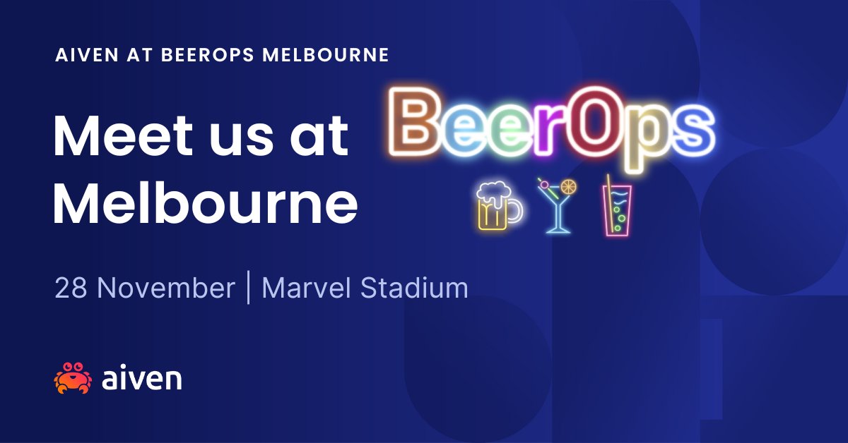 aiven_io's tweet image. Exciting news! Aiven&apos;s back at #BeerOps in Melbourne on Nov 28! Join us at our stand, grab cool Aiven swag, and discover how we simplify #cloudoperations . Who else is coming? Let&apos;s connect! 🍻🚀 #devops #opensource