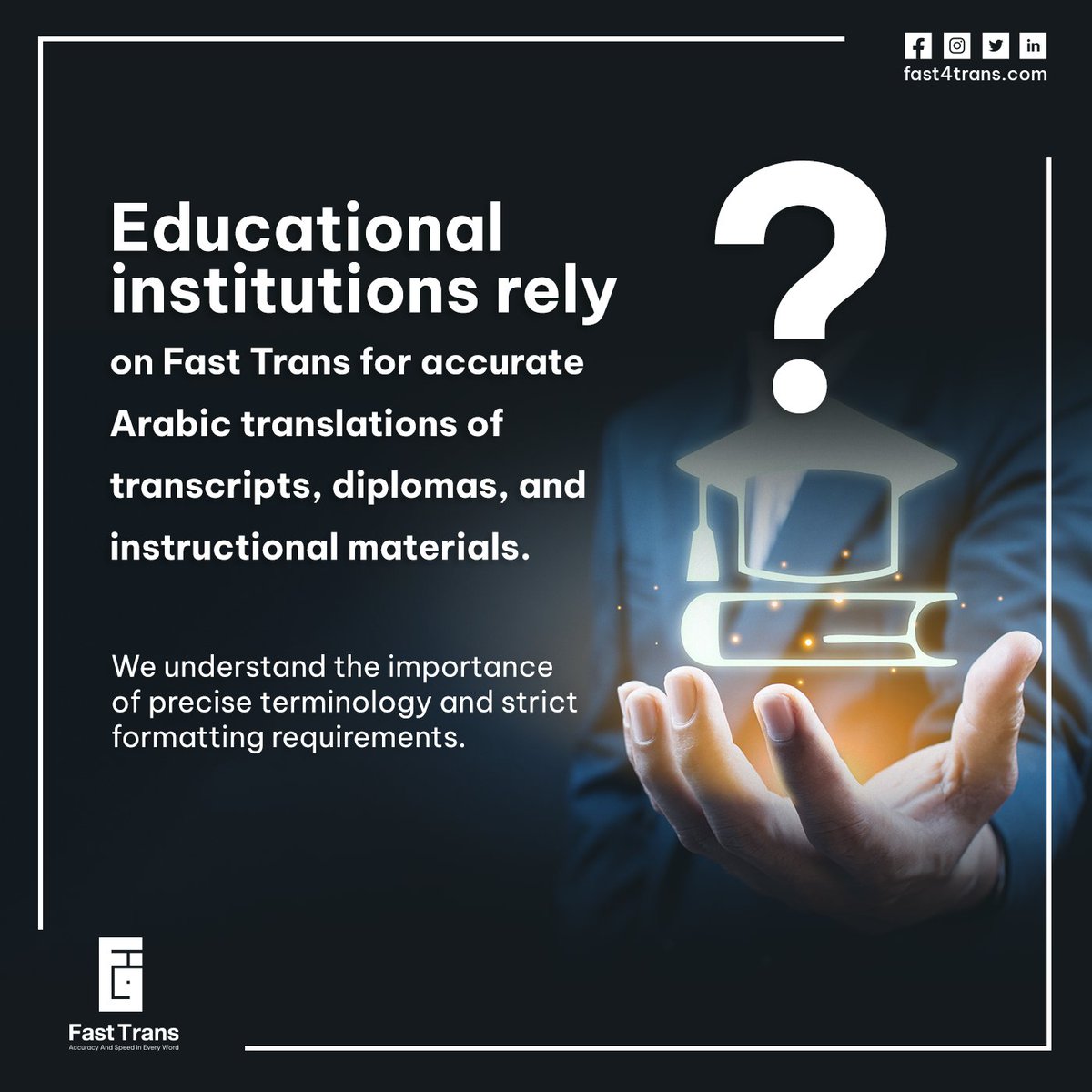 FastTrans21's tweet image. Educational institutions rely on Fast Trans for accurate Arabic translations of transcripts, diplomas, and instructional materials. We understand the importance of precise terminology and strict formatting requirements.
#FastTrans
#TranslationServices
#Localization