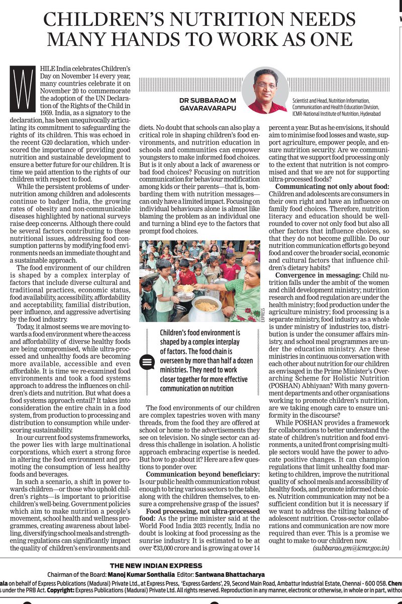 I believe that the key to make #NutritionLiteracy Work for Children lies not in bombarding messages to them but in Communication, Collaborations & Cross-Sector Conversations. My article in @NewIndianXpress
newindianexpress.com/opinions/2023/…

@ICMRNIN @ICMRDELHI @santwana99 @LetsFixOurFood