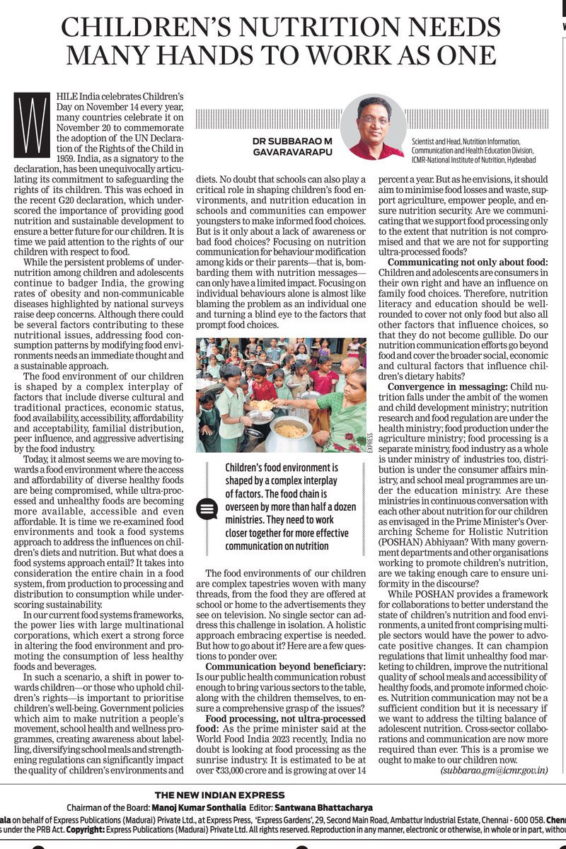 gmsubbarao's tweet photo. I believe that the key to make #NutritionLiteracy Work for Children lies not in bombarding messages to them but in Communication, Collaborations &amp; Cross-Sector Conversations. My article in @NewIndianXpress
https://t.co/MyTWhbDeRD

@ICMRNIN @ICMRDELHI @santwana99 @LetsFixOurFood https://t.co/HdkVHSoUVD