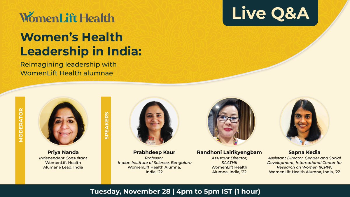 Have burning questions about the #2024IndiaLeadershipJourney? Hear from WomenLift alumnae @pnanda_nanda, @Sapna_kedia (@ICRW), @kprabhdeep (@iiscbangalore) & @RandhoniL (@SAATHII) in a live Q&A about their Journey experience. 🔗Join the conversation: bit.ly/3QNDucZ