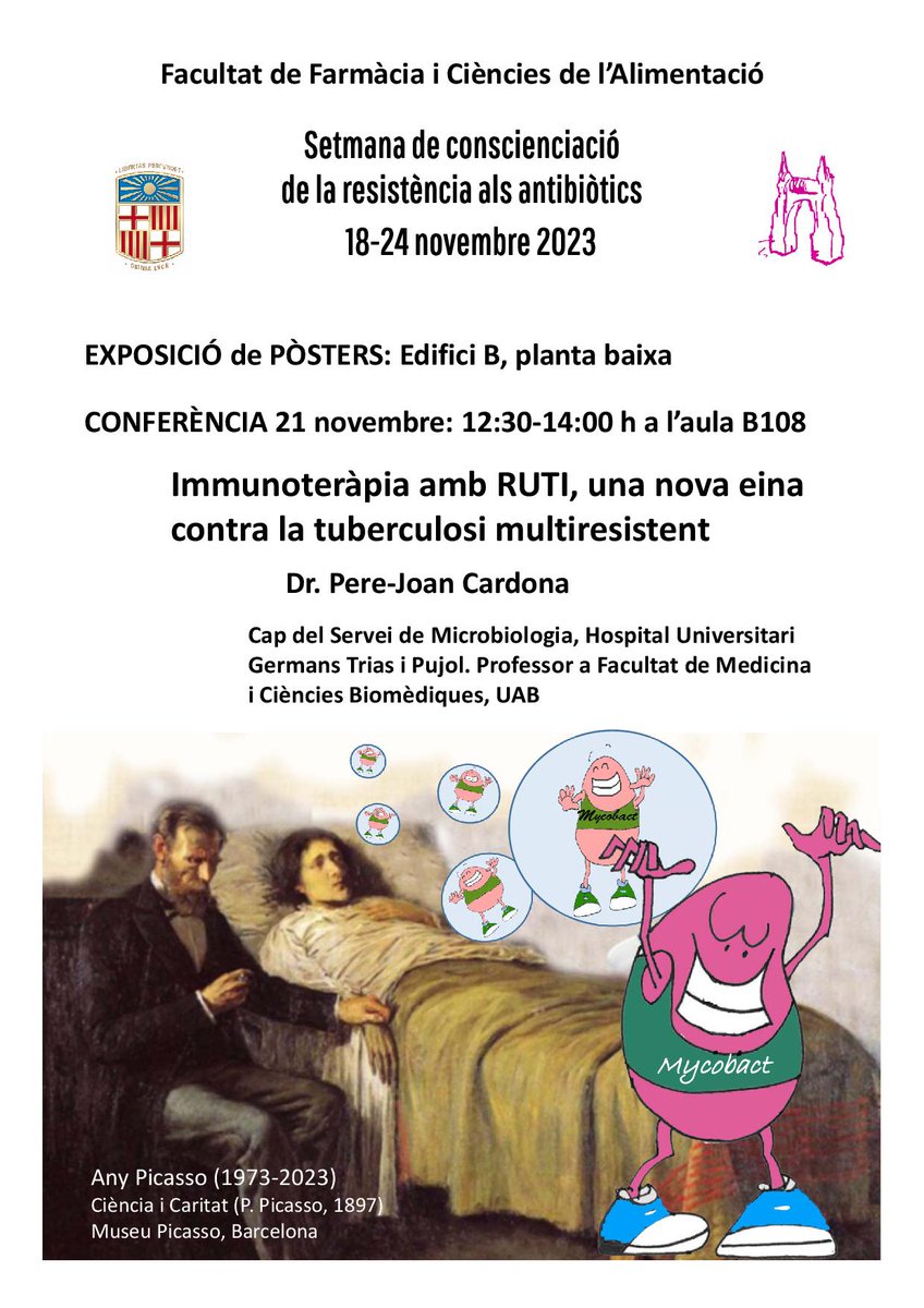 EITHealthSAFEub's tweet photo. Participem en la Setmana mundial de conscienció sobre la problemàtica de la resistència als antimicrobiana:
- Exposició de pòsters @farmacia_ub.
- Hui, a les 12:30 h, el Dr. @pjcardona14 ens posarà al dia sobre la tuberculosi.
#WorldAMRAwarenessWeek
#EITHealthSAFE
#OneHealth https://t.co/lxA7Lb8WVj