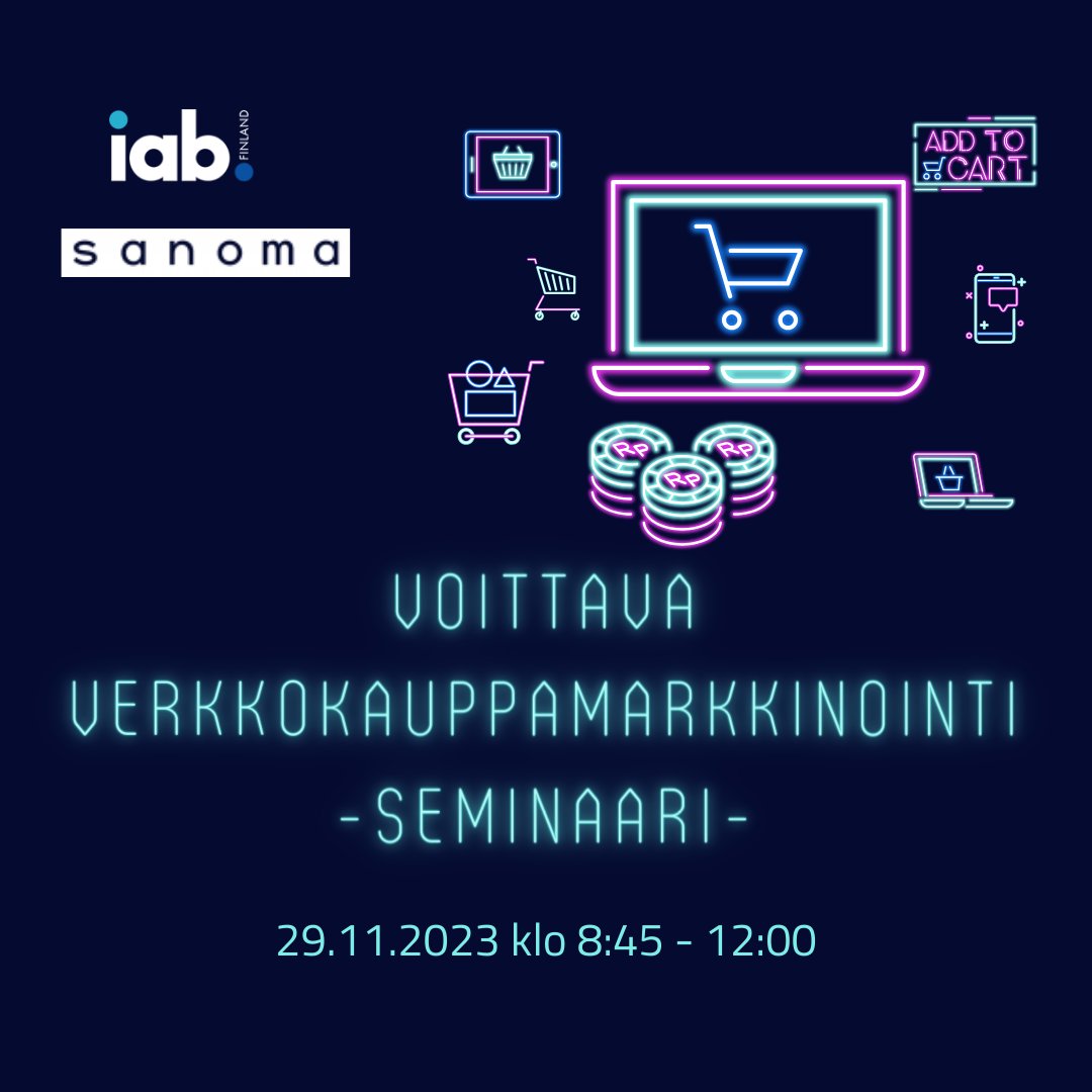 Pyöritteletkö työpöydälläsi verkkokauppamarkkinointia? Tule ensi viikolla IAB Seminaariin kuuntelemaan asiaa verkkokaupan roolista, performancesta ja käytetyn tavaran verkkokaupasta!

ssl.eventilla.com/verkkokauppa23

#verkkokauppa #iabfinland #markkinointi #seminaari