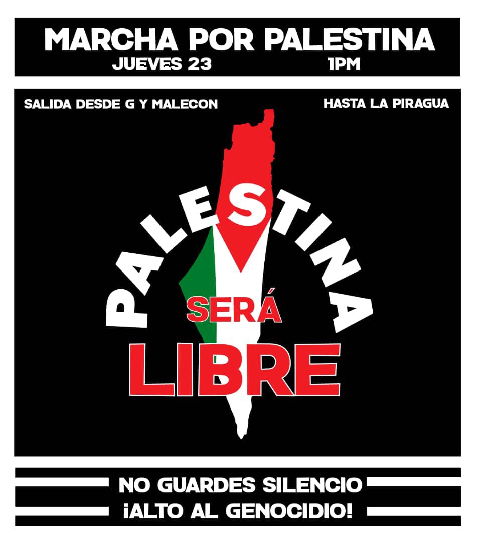 ✊🏾🇵🇸¡ Viva Palestina Libre! 

🤍🇨🇺Marchemos por la paz, los niños y la vida. 

📍Desde La Habana, ciudad de las grandes manifestaciones por la justicia y los sueños:
 #FreePalestine #CubaPorLaPaz

Nos vemos el jueves.