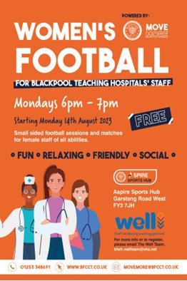 Great to see BTH Women's Football⚽️going from strength to strength If you'd like to take part, come and join us 6-7pm every Monday All abilities welcome🧡 Thanks to @BFCCT_ for supporting this fantastic initiative @BlackpoolHosp @CliftonHospital