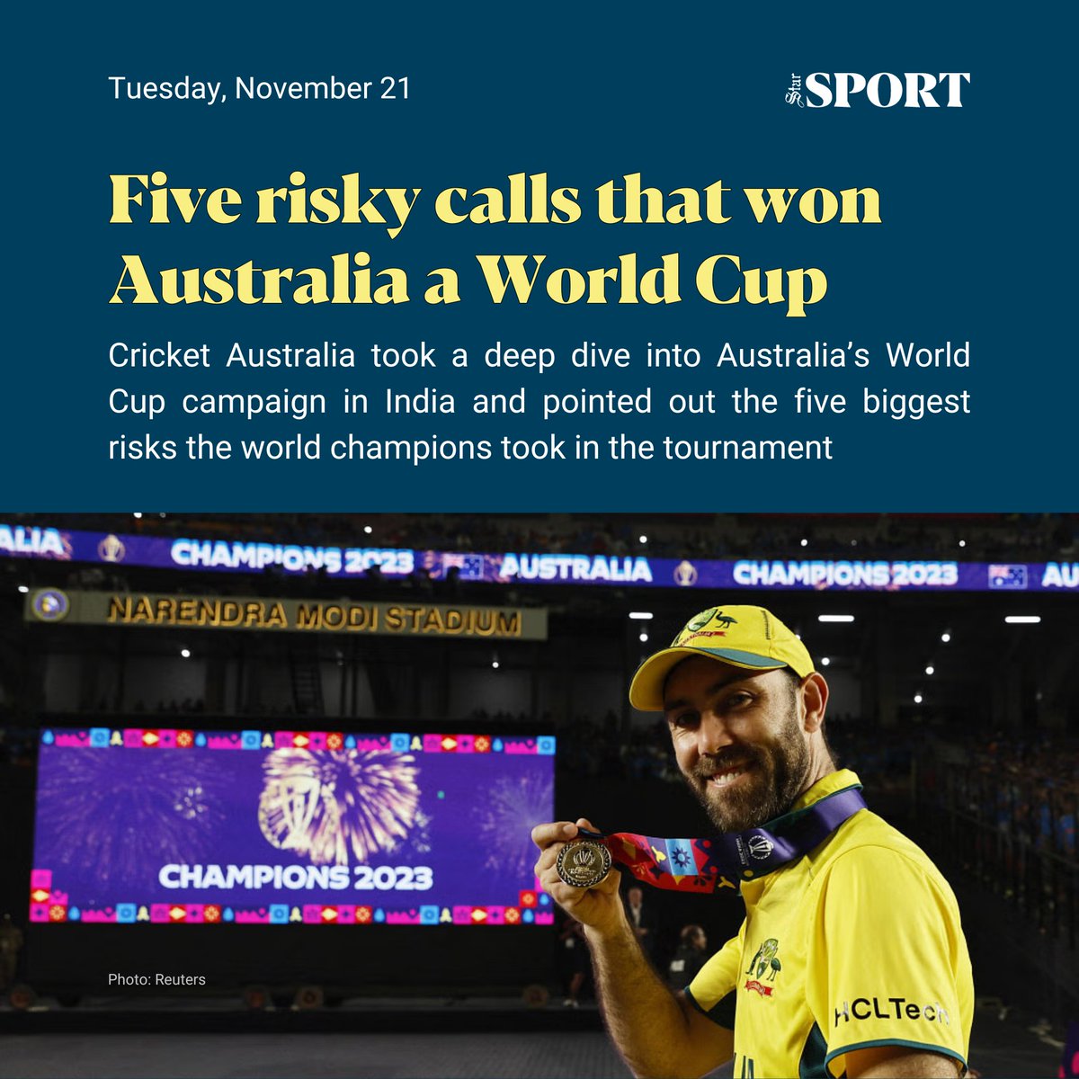 dailystarnews's tweet photo. The #Australian team's clarity of thought helped them recover from a sluggish start to the tournament and the several gutsy calls they took during the competition set them on course for triumph.
Read more: https://t.co/Wkm6ovoOVl
#ICCMensCricketWorldCup2023 #CWC2023India https://t.co/uZpjAEaTdc