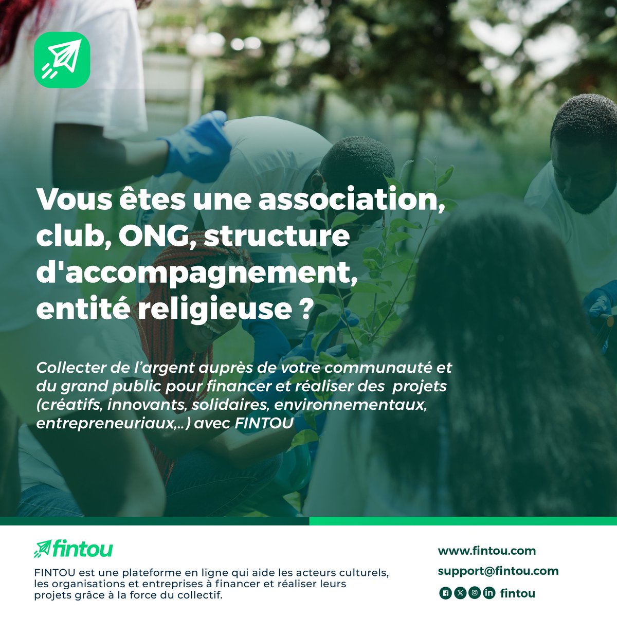 fintoulab's tweet photo. Que vous soyez une organisation, #association, #ONG, #fondation, club,…, structure d’accompagnement, #fintou vous permet de collecter des fonds pour financer des projets caritatifs, sociaux, humanitaire,…, environnementaux.
Lancez-vous : https://t.co/UomYqPgjHr

#collecteDeDons https://t.co/VSc7d9O87B