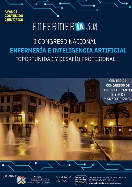 ⏩Los próximos 8 y 9 de marzo de 2024 el CECOVA ha organizado el Primer Congreso Nacional de Enfermería e Inteligencia Artificial, en el Centro de Congresos ´Ciutat d'Elx´.  Conoce más información y apúntate:  enfermeriatrespuntocero.com/congresoia/⏩