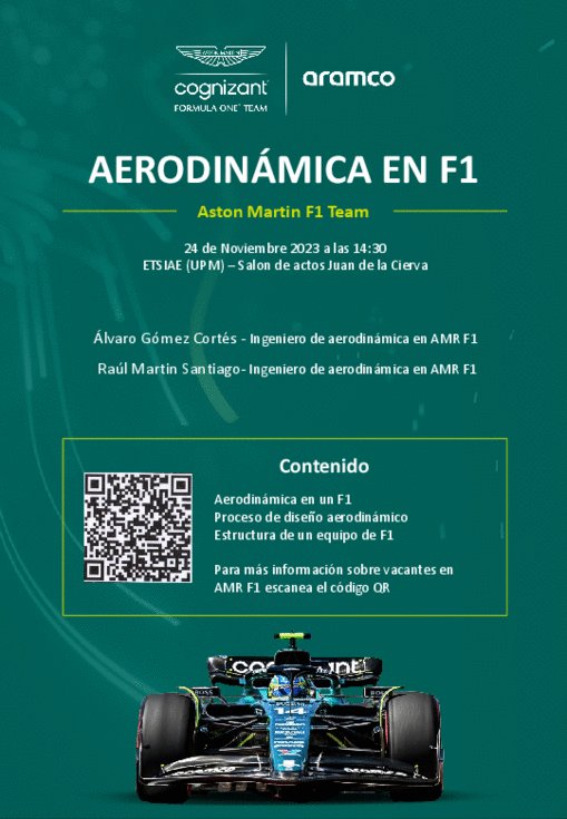 🏎️"Aerodinámica en #F1",  con Raúl Martín Santiago y  Álvaro Gómez Cortes, ingenieros en el departamento de #aerodinámica del equipo <a href="/AstonMartinF1/">Aston Martin Aramco F1 Team</a>.
ℹ️short.upm.es/ma0ma
🗓️24/11, 14:30h.
📍Salón de Actos de la #ETSIAE <a href="/La_UPM/">Universidad Politécnica de Madrid</a> 

<a href="/DelegacionAero/">Delegación de Alumnos de la ETSIAE</a> <a href="/UPMRacing/">UPM Racing</a> <a href="/UPM_Motostudent/">UPM Motostudent Petrol</a>