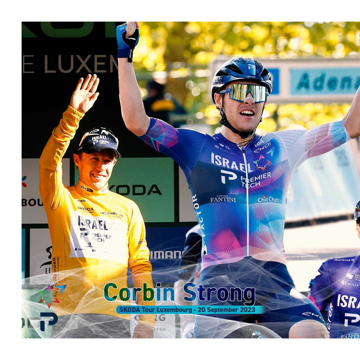 NSNCyclingTeam's tweet photo. 𝗠𝗢𝗠𝗘𝗡𝗧𝗦 𝗢𝗙 2️⃣0️⃣2️⃣3️⃣

@corbin_strong 🇳🇿 capitalised on a brilliant day-long performance from IPT to win a tricky opening stage at the @skodatour 🇱🇺 in September.

Oh, we still can't get over how good the celebration photos are 🤩

#IsraelRidesOn #YallaIPT