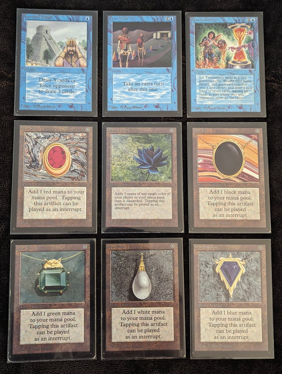 TenArmsMTG's tweet image. It&apos;s been roughly 20 years since I&apos;ve owned a Lotus, let alone a full set of P9 in any form. Today we got to reset both counters and mark off a huge milestone. 

Huge thanks to the OS Discord community for the greatest of mail days.
#oldschoolmtg #P9