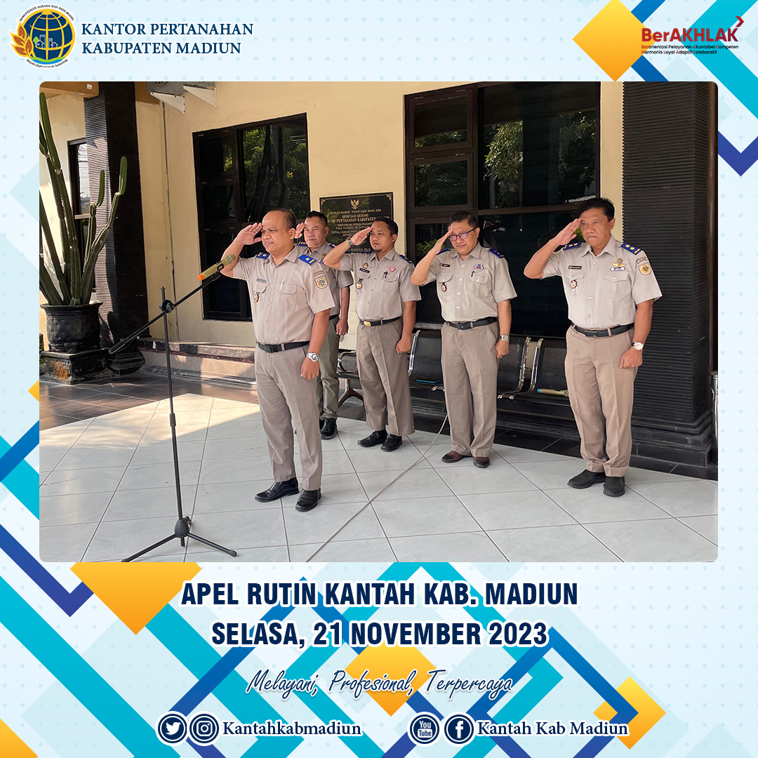 kantahkabmadiun's tweet image. Halo #SobATRBPN ,
Hari ini Selasa, 21 November 2023 Kantor Pertanahan Kabupaten Madiun melaksanakan Apel Pagi Rutin yang dilaksanakan di halaman Kantor Pertanahan Kabupaten Madiun. 

#KantahKabMadiun
#TuntasdanBangkit
#MenujuIndonesiaLengkap
#ATRBPNKiniLebihBaik