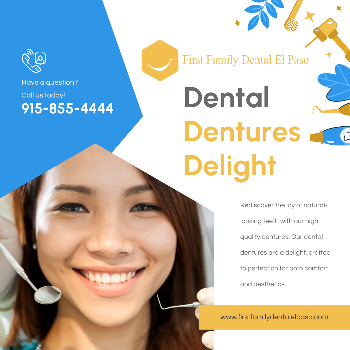 FirstFamilyDep's tweet photo. Embrace life confidently with our dental dentures. Designed meticulously for your comfort and a perfect fit, we help bring back that confident smile on your face.

#DentalDentures #ElPasoTX #DentalCare https://t.co/D6UxpwHufe
