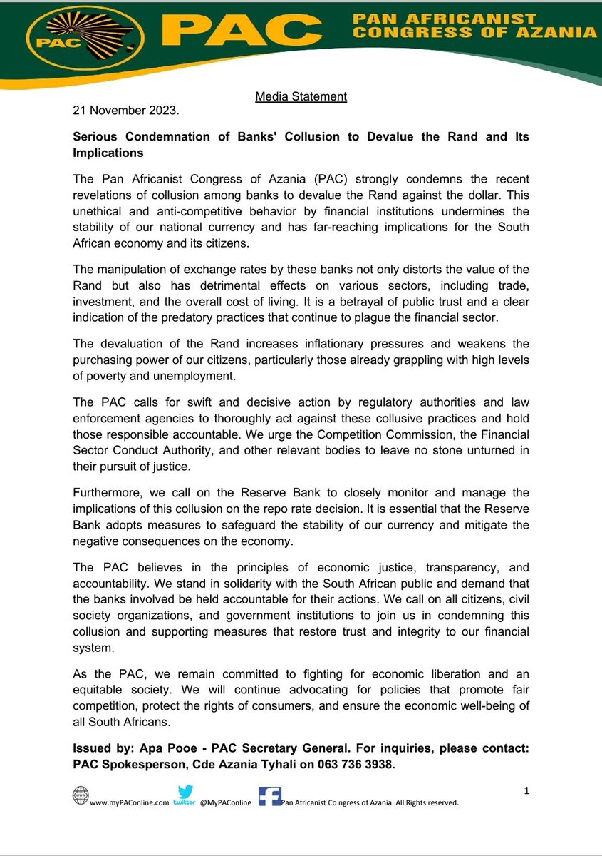 📢 The reserve bank must be accountable. Ahead of the announcement of the new repo rate by Mr Lesetja Kanyago of the South African Reserve Bank, we believe it is crucial for him to address the collusive actions of banks that devalued the Rand against the dollar. This is an…