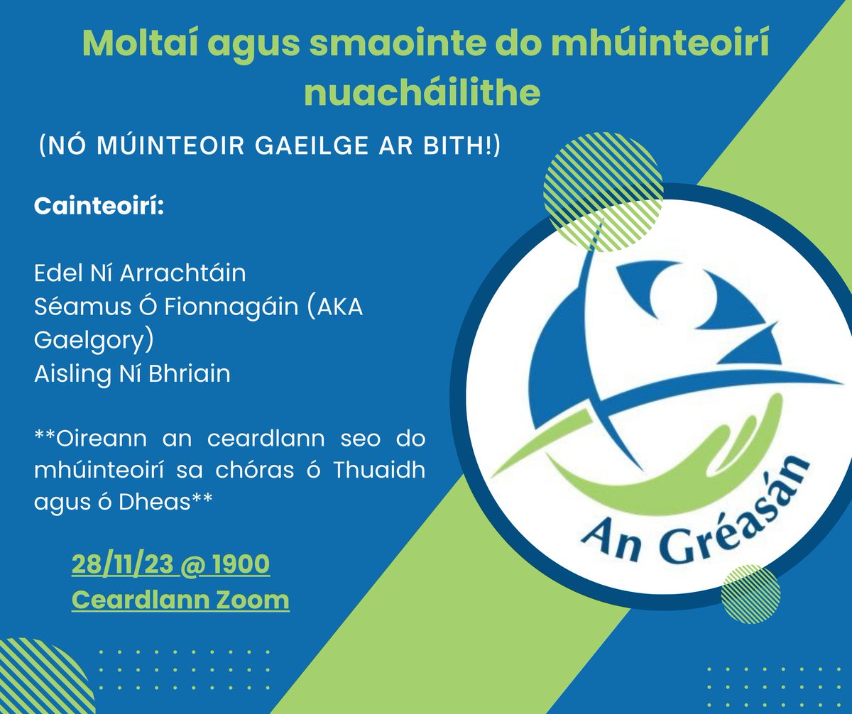 Moltaí agus smaointe do mhúinteoirí nuacháilithe (nó múinteoir Gaeilge ar bith) Ceardlann Zoom Dé Máirt 28/11/23 @ 19:00 Cláraigh roimh ré anseo: eventbrite.ie/e/ceardlann-zo… #gaeilge #spreagadh @AnGreasan