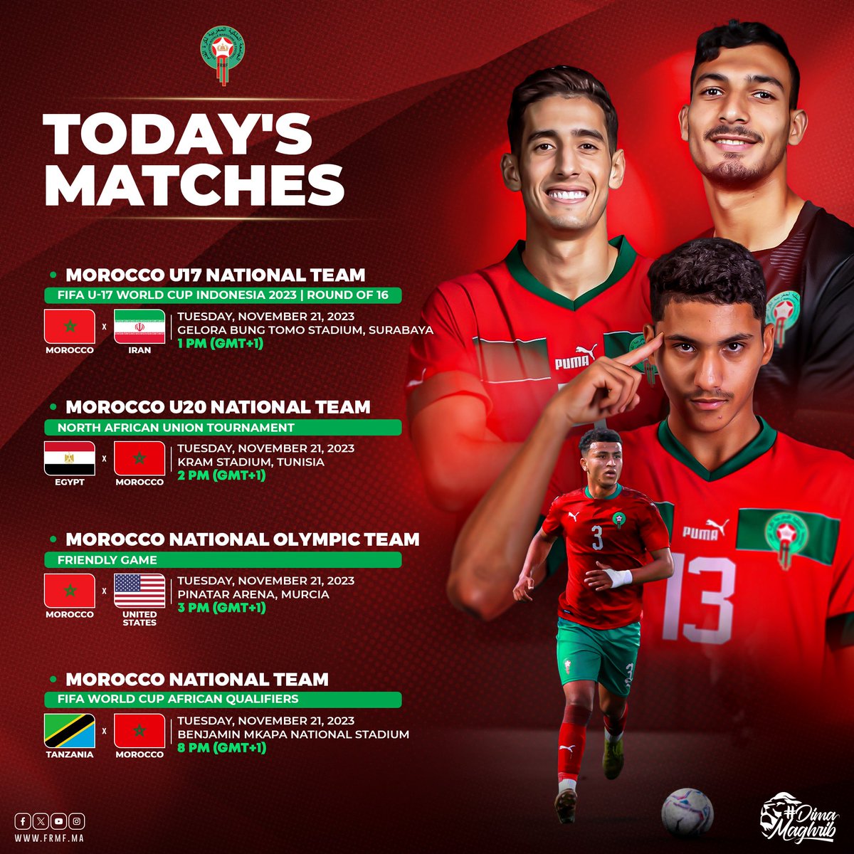 برنامج و مواقيت مباريات المنتخبات الوطنية اليوم

🗓️ Program and schedules of National Teams' matches for today

#DimaMaghrib 🇲🇦