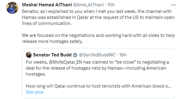 مشعل بن حمد آل ثاني، سفير #قطر لدى الولايات المتحدة الأمريكية:
"حضرة السيناتور، كما أوضحت لك عندما التقيت بك الأسبوع الماضي، تم إنشاء القناة مع حماس في قطر بناء على طلب الولايات المتحدة للحفاظ على خطوط اتصال مفتوحة"..