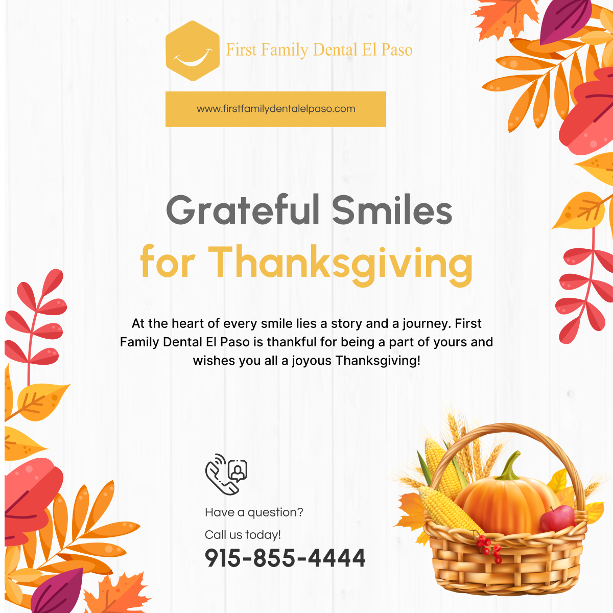 FirstFamilyDep's tweet photo. Happy Thanksgiving Day! As we gather in this joyous event, First Family Dental El Paso expresses deep gratitude to our cherished community for making us part of their journey. Keep smiling!

#DentalCare #ThanksgivingDay #ElPasoTX https://t.co/LgsYBZByWz