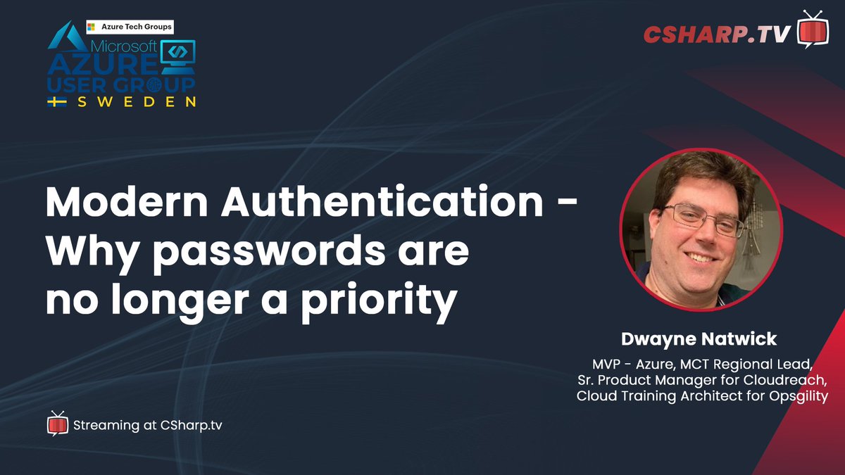 CSharpDotTV's tweet photo. Dive into the future of authentication with @DwayneNCloud! In this captivating session, he explores the evolving landscape and why passwords are taking a back seat. Stay informed, stay secure.
Watch the recording here: https://t.co/biCcs5eXUx
#ModernAuthentication #Cybersecurity #azugsweden #CSharpTV