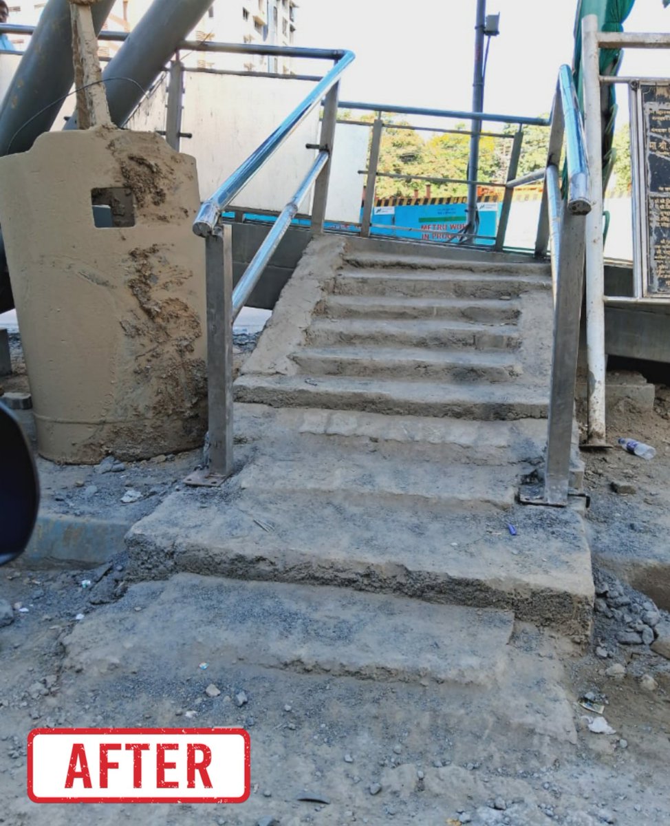 Due to Metro Line 4 construction the Vihang INN skywalk's ending was demolished, and TMC did a kam chalau job of making alternative staircase, however the newly built staircase was dangerous to use. After our highlighting, TMC installed railings on that staircase. #thane