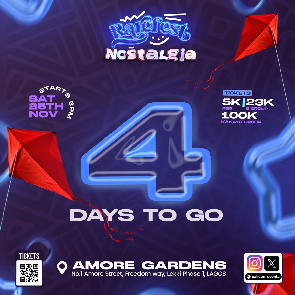 RealiconEvents's tweet photo. 4 days to Go!
Have you gotten your tickets yet?
DARE TO BE RARE!
Get your early birds tickets from https://t.co/47q1E3OJss
#rarefest #nostalgia #rarefestinlagos #lagosevents #amoregardens #eventsinlagos https://t.co/1NRCuXT1T6