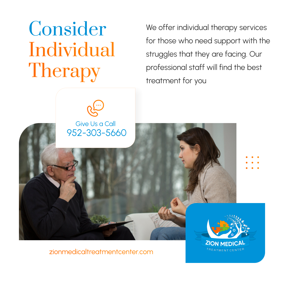 Individual therapy provides one-on-one counseling sessions to help clients achieve overall wellness and recovery. If you are interested, don’t hesitate to give us a call.

#RecoveryCenter #BurnsvilleMN #IndividualTherapy