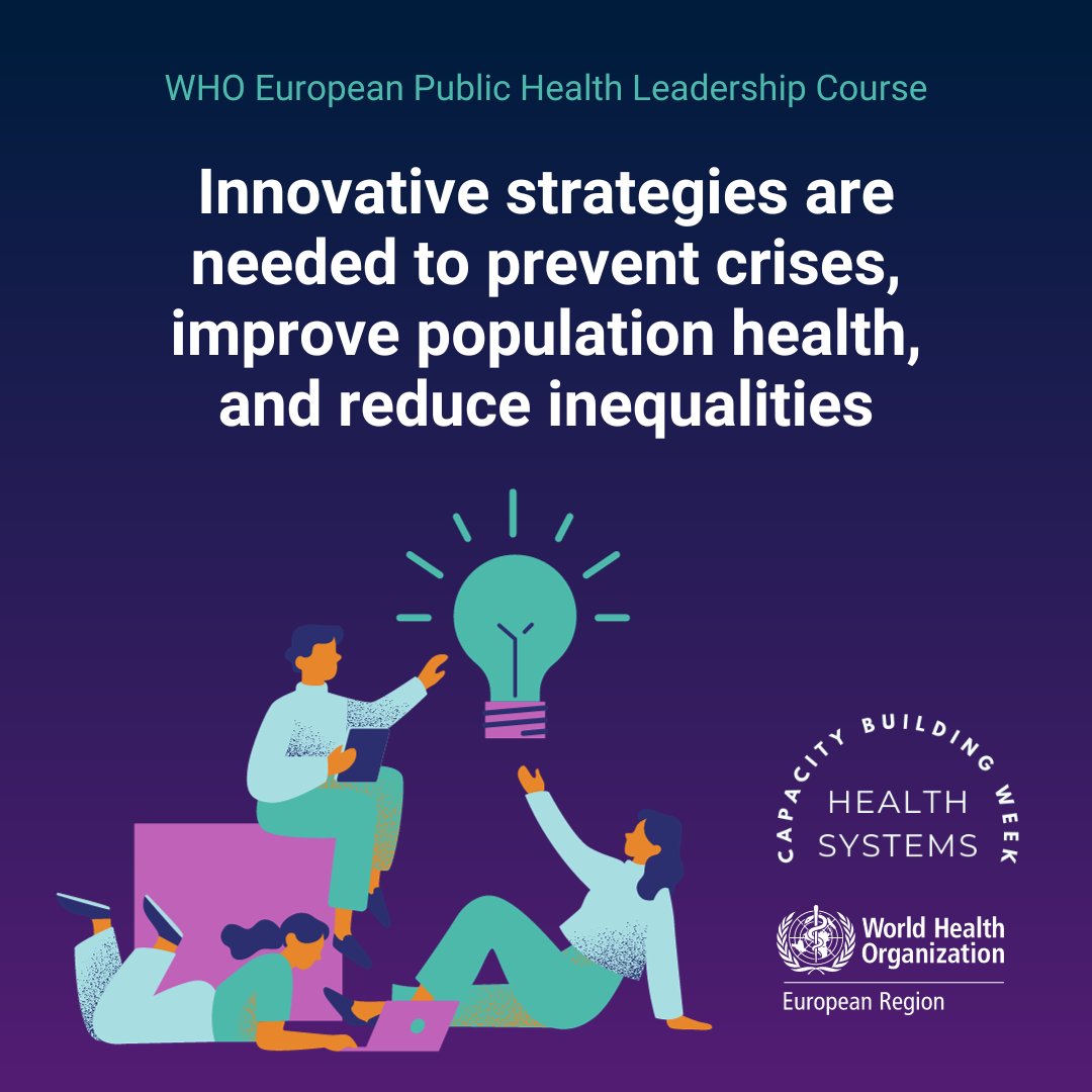 WHO_Europe's tweet photo. Innovation is key to navigate the complex landscape of global challenges and to: 

💪 prevent crises 
💙 improve population health 
🤝 bridge gaps in society 

Learn how #PHLC2023 is supporting future leaders 👇 

https://t.co/qG4RB45Oyw

#BuildCapacity4Health https://t.co/IiqykghBlC