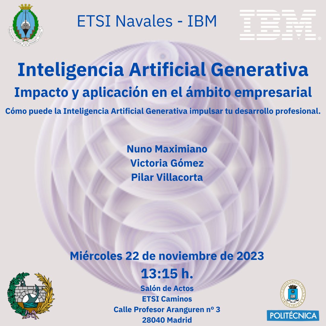 ETSIAE - UPM (@aeroespacialupm) on Twitter photo 💡Mañana 22/11 en <a href="/caminosupm/">CaminosUPM</a>: Jornada divulgativa "Inteligencia artificial generativa", organizada por la <a href="/ETSIN_Oficial/">ETSI Navales de la UPM</a> e <a href="/IBM_ES/">IBM España</a>.
🗓️22/11, 13:15h.
📍Salón de Actos de ETSI Caminos.
<a href="/DelegacionAero/">Delegación de Alumnos de la ETSIAE</a> #somosUPM #IA 💡Mañana 22/11 en <a href="/caminosupm/">CaminosUPM</a>: Jornada divulgativa "Inteligencia artificial generativa", organizada por la <a href="/ETSIN_Oficial/">ETSI Navales de la UPM</a> e <a href="/IBM_ES/">IBM España</a>.
🗓️22/11, 13:15h.
📍Salón de Actos de ETSI Caminos.
<a href="/DelegacionAero/">Delegación de Alumnos de la ETSIAE</a> #somosUPM #IA