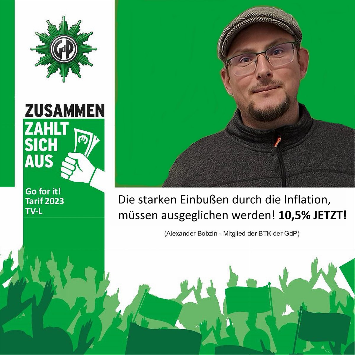 GdP_MV's tweet photo. Die #Gewerkschaft der #Polizei (#GdP) verhandelt in der #Tarifrunde2023 für die Länder - im Verbund der öD-Gewerkschaften. Denn #ZUSAMMENzahltsichaus  
Alexander Bobzin, fordert: „Die starken Einbußen durch die Inflation, müssen ausgeglichen werden!" https://t.co/wn2sxlyxUS